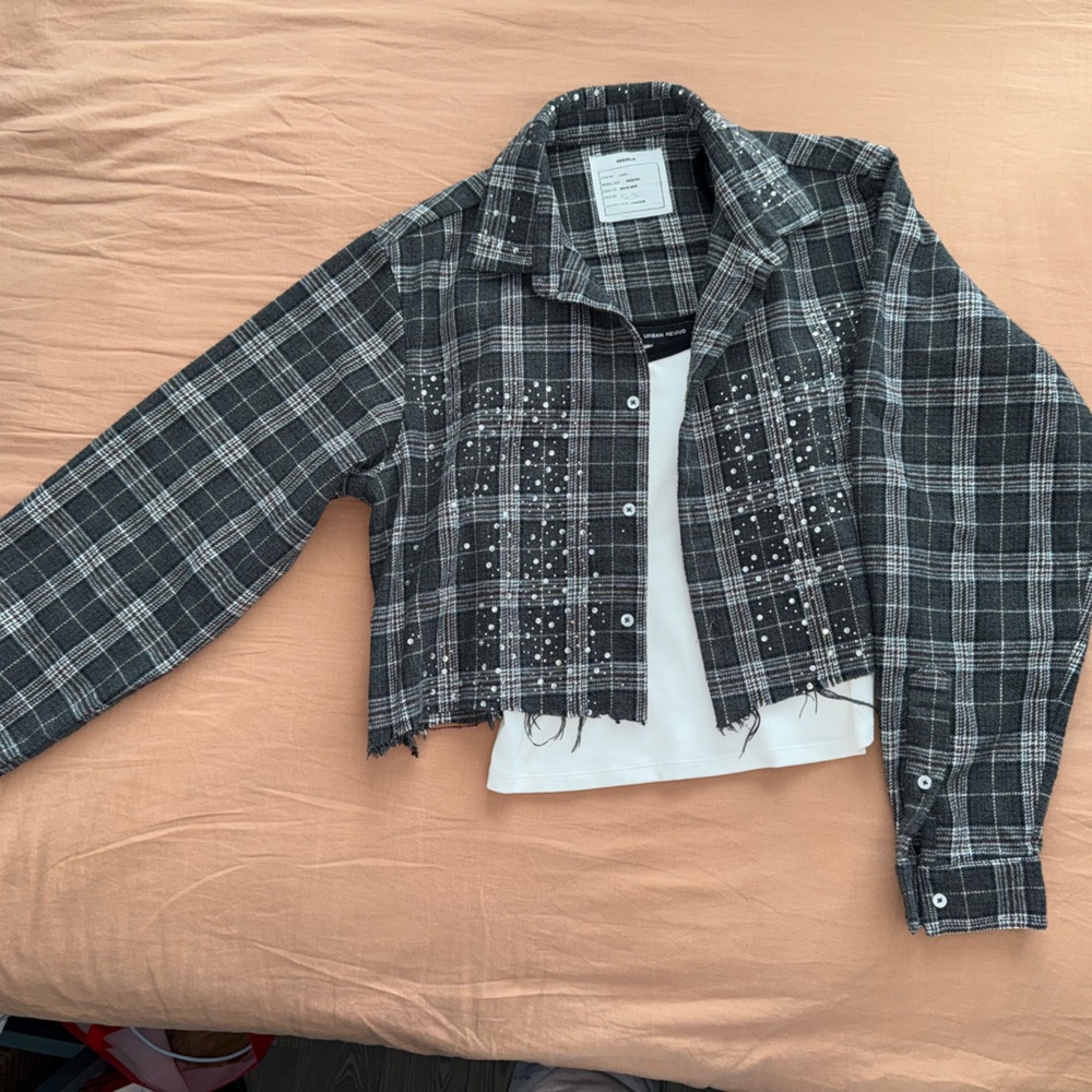 Cropped Black & Gray Plaid Flannel Shirt with rhinestone Details
